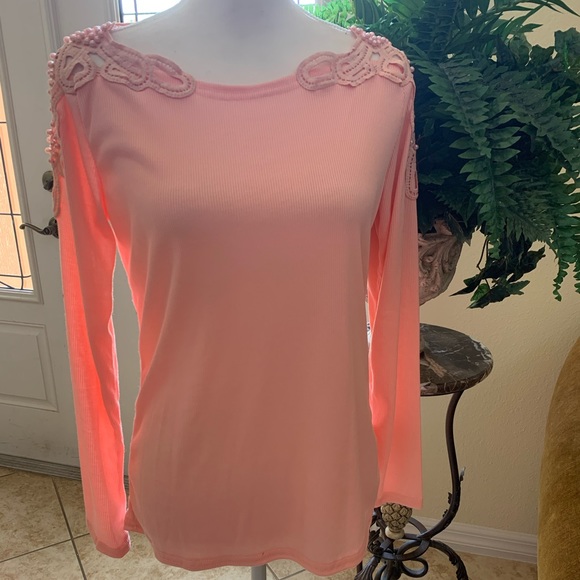 Pink, Long-Sleeve Pearl Beading Ribbed Tee - Picture 4 of 8
